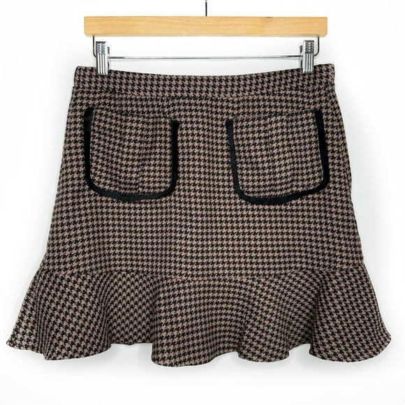 NKN Nekane Brown and Black Houndstooth Pocketed Ruffle Tweed Mini Skirt Sz L - Picture 1 of 13